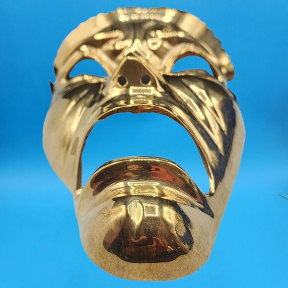 Vintage 1970s Brass Tragedy Death Mask Wall Art Gothic Theater Drama Prop Ribbon - Picture 4 of 8